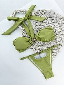 Women's Solid Pleat Halter Style Bikini Set - Green - View 2