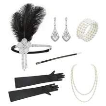 20 件女士 20 世纪 20 年代配饰套装：长袍、了不起的盖茨比风格羽毛头饰、人造珍珠项链、手套舞会万圣节