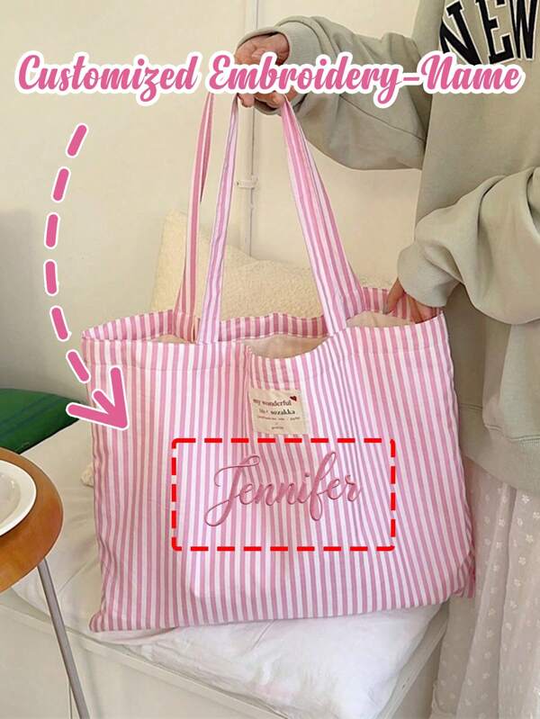 1 bolsa personalizada dobrável com nome bordado e texto bordado, bolsa de lona listrada estilo retrô, leve e de grande capacidade, moda casual, adequada para bolsas de ombro, lazer e compras, lavável à mão - sem lacre, bolsa de praia para meninas e estudantes universitários, muito adequada para escritório, universidade, ensino fundamental, ensino médio, trabalho, negócios, deslocamento, materiais de volta às aulas