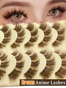Rikuaild 5 Pairs Cartoon Style False Eyelashes, Brown, Anime Style, Natural Fluffy Soft Brown Lash Extension, Transparent Band Tail, Cat Eye Shape, Reusable, DIY Natural Lashes - Cat eye Lashes - View 1