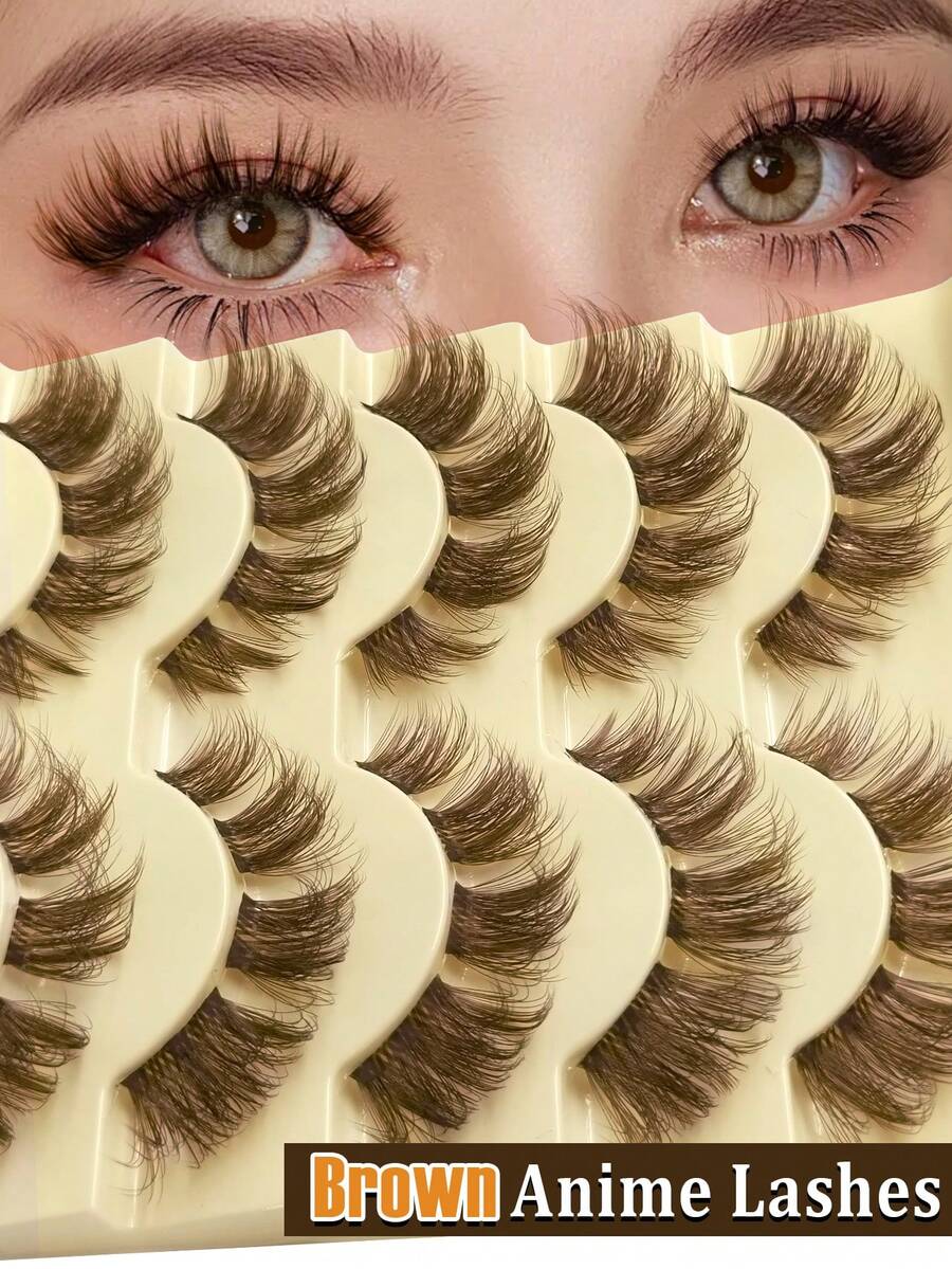 Rikuaild 5 Pairs Cartoon Style False Eyelashes, Brown, Anime Style, Natural Fluffy Soft Brown Lash Extension, Transparent Band Tail, Cat Eye Shape, Reusable, DIY Natural Lashes - Cat eye Lashes - View 1