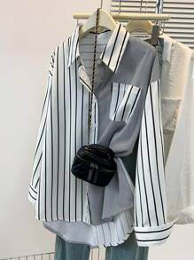 ​Women's Striped Asymmetric Lapel Long Sleeve Shirt With Contrast Buttons & Pocket - Casual All Occasion Year-Round Top​,Fall Clothes For Women - Multicolor - View 7