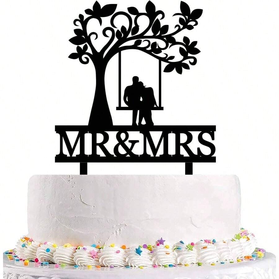 Funny Wedding Cake Topper, The Bride And Groom Sitting In Swing Under Tree Cake Topper, Romantic Wedding Shower/Anniversary Cake Ornament(Tree Swing) - Initial - View 1