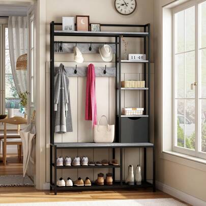 Techigher Hall Tree With Bench,5-In-1 Coat Rack Shoe Bench With 12 Hooks,Metal Frame Wood Entryway Bench With Shoe Storage For Entryway Hallway Foyer