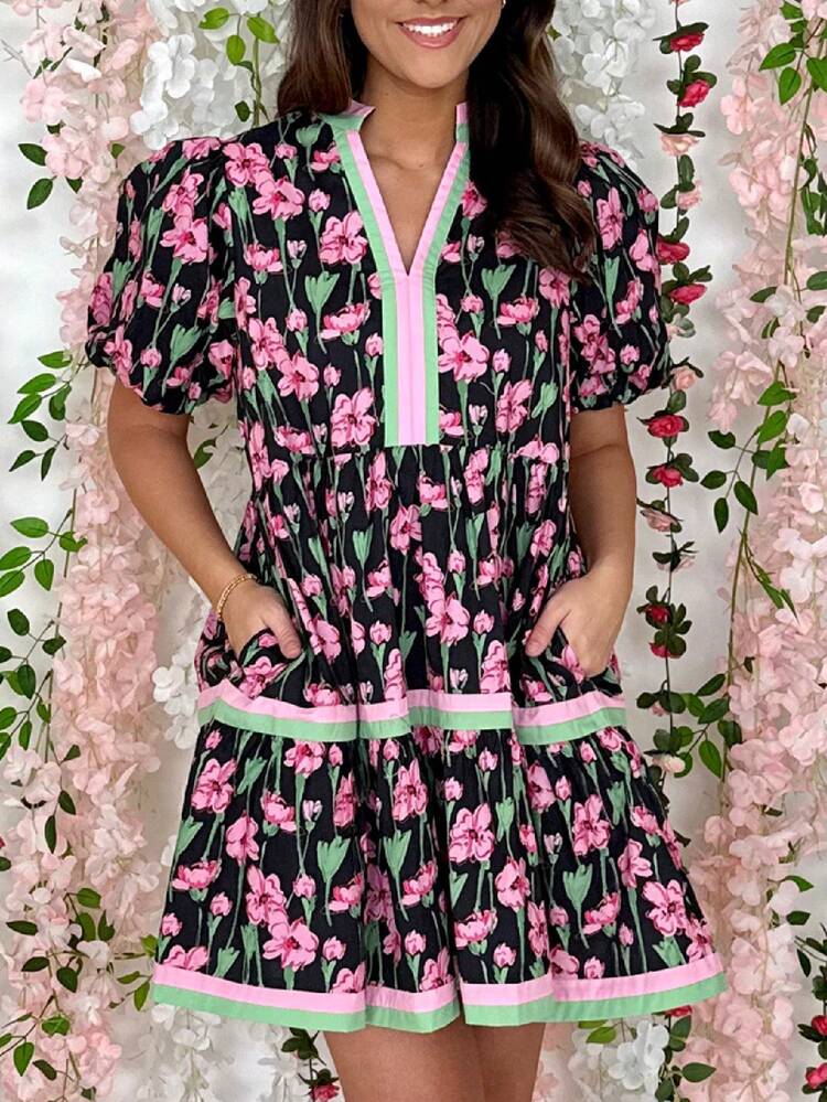 Women Y2K Babydoll Mini Dresses V Neck Puff Sleeve Short Dress Beach Sundress - 黑色 - 查看 2