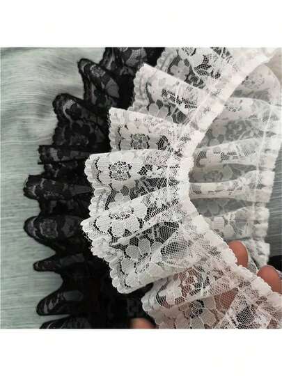 1 Yard - Elegant 3D Floral Lace Trim Ribbon, 2.4" Wide, White & Black - Ruffled Edges, Perfect For DIY Sewing, Appliques, Collars, Dresses, Wedding Decor, Lace Fabric