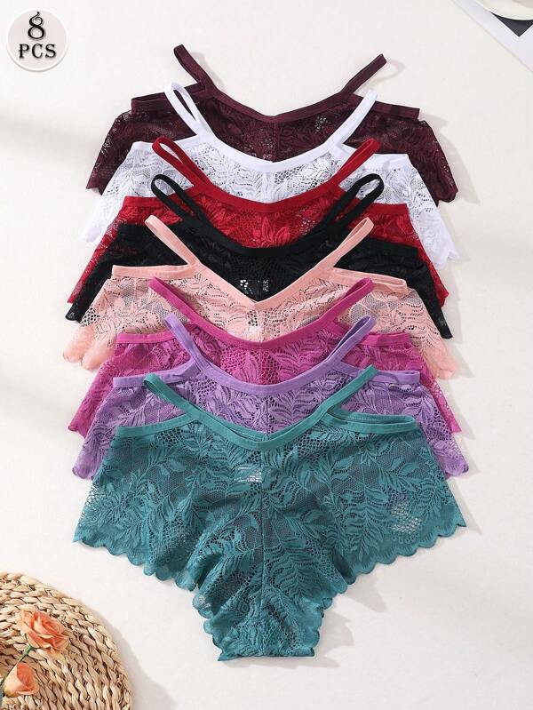 Paquete de 8 bragas sexy de encaje calado de tiro bajo y sin marcas para mujeres - Conjunto de ropa interior de bikini sin costuras, suave y elástica, para uso diario, deportes, yoga e íntimo, tipo culotte cheeky