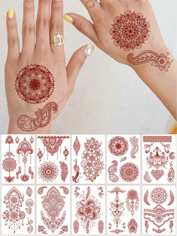 10 piezas Pegatinas de tatuaje temporal con dedo de la mano, de color marrón, rojo y en el pecho para mujeres, Nail Pegatorias de Tatuaje de Flores, Pegamento de Arte Corporal Impermeable Adecuado para Boda y Fiesta