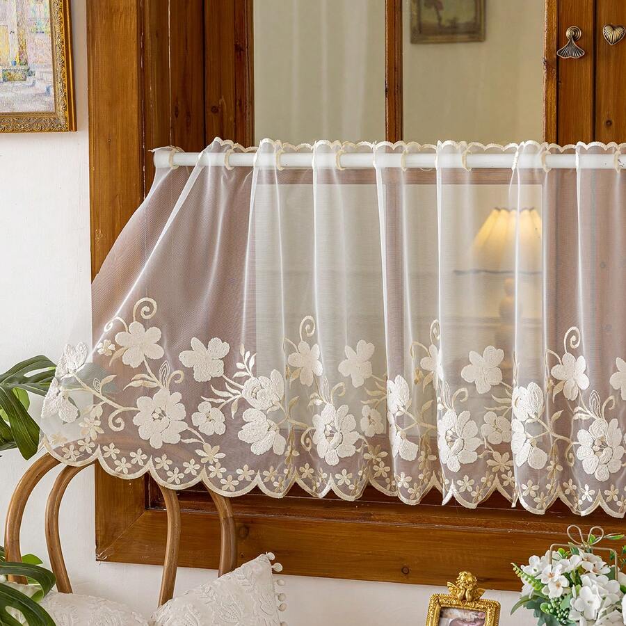 1pc Pastoral Delicate Floral Embroidery Sheer Summer Small Window Curtain, Rod Pocket Design, Suitable For Living Room, Bedroom, Balcony, Kitchen, Window Decor