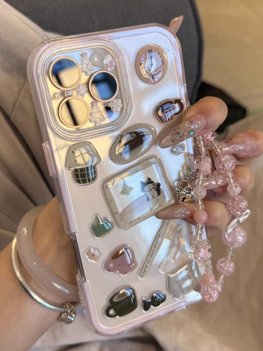 Funda de teléfono transparente con patrón de muñeco de nieve y árbol DIY lindo, adecuada para iPhone 16 Pro Max 15 14 13 12 11 Pro Max, transparente, adorable, a prueba de golpes, resistente al agua y a los arañazos - Borde rosa - Ver 1