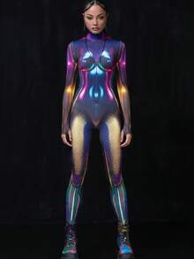 LADYINGBAY Halloween Costumes And Christmas Performance Outfits Women's Galaxy Bodysuit - Futuristic Holographic Full-Body Suit With Shimmering Nebula Print & Anatomical Light Reflections, High-Stretch Comfort For Rave, Festival, Cosplay & Halloween Party Outfit, Edm Fashion, Smooth Texture Fabric Christmas Clothing, Christmas Gifts - 彩色 - 查看 1