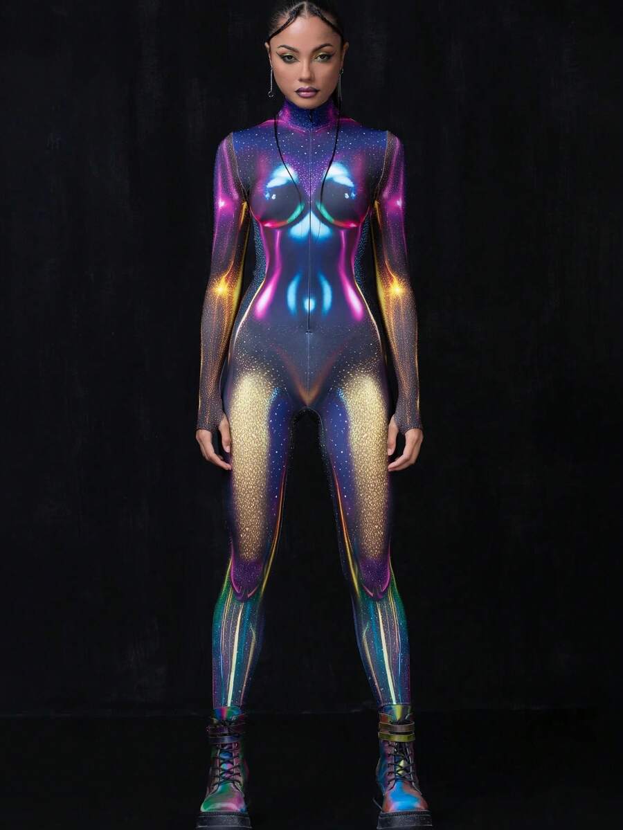 LADYINGBAY Halloween Costumes And Christmas Performance Outfits Women's Galaxy Bodysuit - Futuristic Holographic Full-Body Suit With Shimmering Nebula Print & Anatomical Light Reflections, High-Stretch Comfort For Rave, Festival, Cosplay & Halloween Party Outfit, Edm Fashion, Smooth Texture Fabric Christmas Clothing, Christmas Gifts - 彩色 - 查看 1
