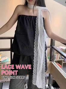 1 件白色波点蕾丝长领带颈饰夏季细窄发带复古蕾丝花边波点长丝巾女春夏时尚领带装饰脖子围巾飘带