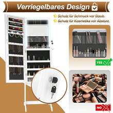 LILIIN Mobiletto portagioie e specchio 2 in 1, con specchio da appoggio, ripiano regolabile per gioielli, 152 x 39,5 x 36,5 cm, con serratura, specchio a figura intera, bianco/nero