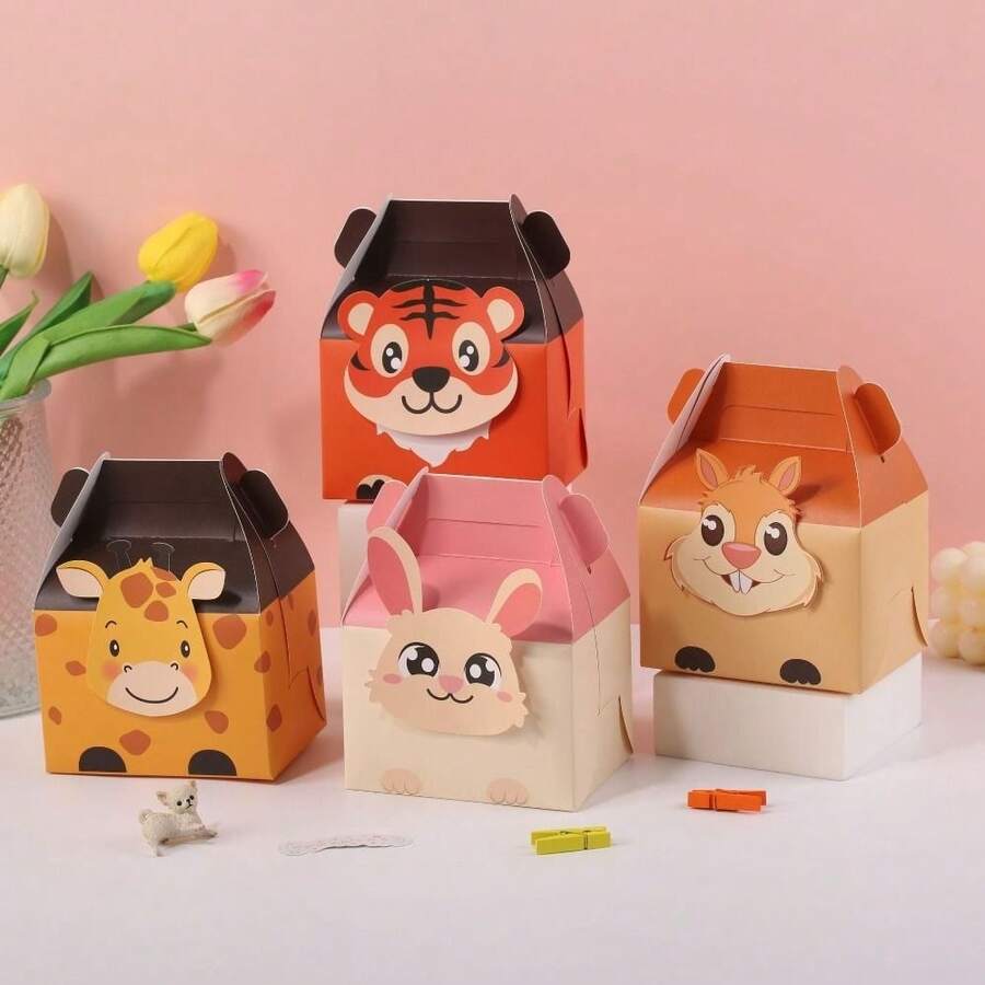 10 piezas Cajas de regalos de cumpleaños, tigres, jirafas, rabinos y vacas, animales de zoológico, tema, cajas de dulces, decoración de fiesta de caramelos