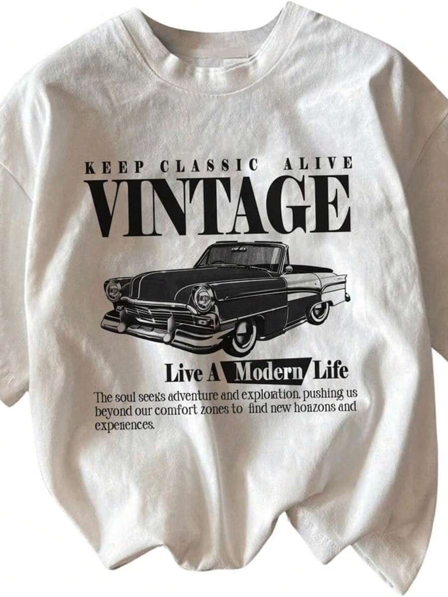 Artsadd Vintage Car Graphic Womans Tshirts, Oversize Casual Tees, Short Sleeve Loose Shirts - trắng - Xem 1