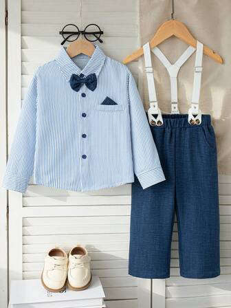 [3pcs Set] 2025 Autumn/Winter New Boys Stripe Shirt Gentleman Set, Fashionable And Elegant Blue & White Stripe Contrast Bowknot Collared Shirt + Straight Trousers + Suspenders, Suitable For Casual, Outdoor And Formal Occasions