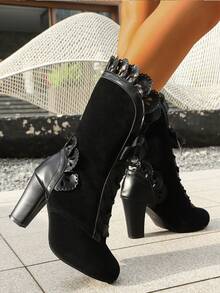 2025 New Fashion Chunky Heel Ankle Boots, Non-Slip Multi-Function Leopard Print Ankle Boots With Laces, High Heel Short Boots, Black, Platform Wedge Ankle Boots For Women, Sexy