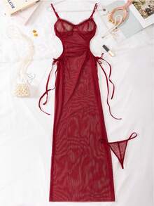 2 件套全新网状透明钢圈性感内衣套装，含镂空腰部、吊带背心和短裤 - 酒紅色 - 查看 6