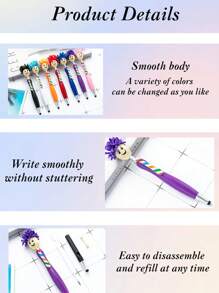 قلم حبر جاف ذو شكل رأس ممسحة 1قطعة/3قطع/5قطع، زخرفة فيونكة ملونة، مموج مريح، قلم استخدام مزدوج مع طرف أنيق، أقلام حبر كرتونية من القطيفة، قلم حبر رأس دمية متعدد الوظائف، مقلم هدية أناقة منقوشة من الفرو لتعزيز موسم العودة إلى المدرسة