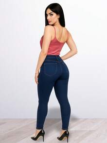 Pantalón skinny ajustado bolsas posteriores laterales talle alto ajuste perfecto botón metálico estilo casual sexy dulce ideal diario calle día noche bajo ajustado primavera verano - Azul lavado oscuro - Ver 7