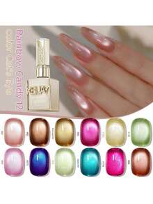 XEIJAYI XEJAYI 1pc 15ml Rainbow Candy Cat Eye Gel Nail Polish,UV LED Soaking Nail Gel, Semi-Permanent, DIY Salon Quality Nail Art Gel For Spring And Summer - 紅色 - 查看 2