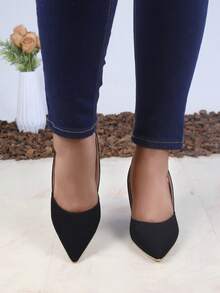 Zapatos de tacón para mujer, punta afilada, tira delgada trasera, tacón grueso, estilo casual elegante para oficina y diario - Negro - Ver 2