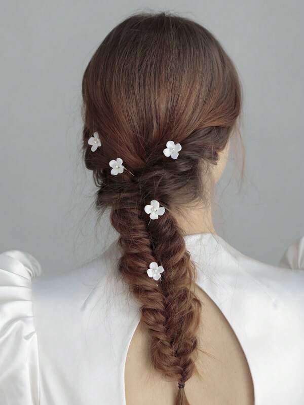 5pcs Ceramic Flower With Faux Pearl Center Decorative Hair Clips, Suitable For Wedding, Daily, Party, Birthday And Other Occasions