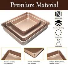 Juego de 3 moldes rectangulares para pasteles antiadherentes y profundos, para horno, bandeja dorada para hornear galletas, para horno tostador, utensilios de repostería para brownies, pan y cazuelas - Dorado - Ver 4