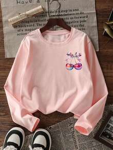 1 pieza Camiseta de manga larga con estampado de cerezas informal para niña preadolescente, diseño de primavera/otoño, de moda, cálido y cómodo para estudiantes jóvenes y adolescentes - Rosa - Ver 2