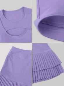 NcmRyu 1pc Women's Seamless Hollow Design Cinched Waist Tight Fit Long Sleeve Skirt Sports Set - Purple - View 3