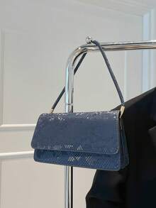 时尚百搭纯色鳄鱼压纹女士单肩包/腋下包 - 藍色 - 查看 5