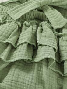 两件套休闲优雅甜美可爱女宝宝连体衣连衣裙，柔软舒适，荷叶边纯色连体衣和发带套装 - 綠色 - 查看 5