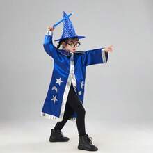 儿童魔术师COS斗篷巫师斗篷+尖顶帽套装，星形印花，透气万圣节派对服装，男女皆宜 - 彩色 - 查看 6