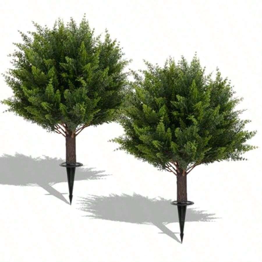 Conjunto de 2 árboles artificiales de topiaria de cedro de 16" resistentes a los rayos UV, arbustos siempre verdes falsos para usar en exteriores, interiores, porche delantero o jardín
