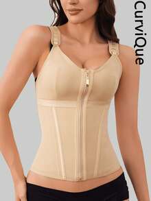 Áo nịt bụng định hình CurviQue 1 chiếc dành cho nữ, áo định hình thể thao kiểm soát bụng dành cho nữ tập gym sau sinh có khóa kéo và móc, dây đai có thể điều chỉnh, kèm áo ngực - Màu be - Xem 2
