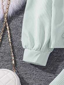 Left Mama 2pcs/Set Tween Girl New Autumn Collared Long Sleeve Shirt And Pants - Mint Green - View 4