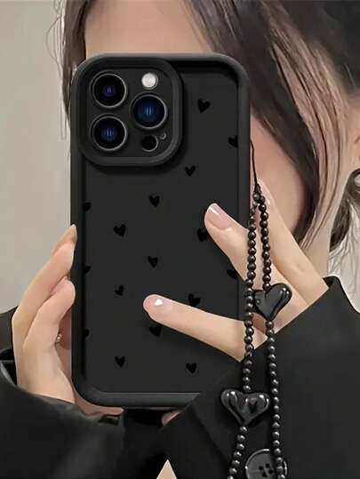 1 pieza Funda de teléfono con forma de corazón negro de pantalla completa a la moda, compatible con iPhone 12/13 Pro Max, compatible con Honor X7, compatible con Galaxy A56 5G, compatible con Infinix Smart 8, compatible con Infinix Hot 40i, Spark 20, Spark 20C, Spark Go 2024, compatible con Redmi Note 14 5G, compatible con Moto E22/E22i, compatible con OPPO A54, diseño minimalista con correa de muñeca, adecuado para uso diario y transporte al aire libre, resistente al agua, a los golpes, a las caídas y a los arañazos, versión internacional, no la versión nacional