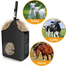 Hay Bag Hanging Goat Feeder Tote Premium Oxford Cloth With Metal Ring And Adjustable Strap For Horses Donkeys Cows Alpacas Ostriches Or Other Animals Black - black-1 - View 4