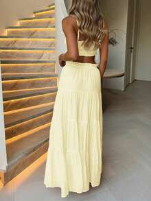 Look Polly Damen Zweiteiler, einfarbiges trägerloses Camisole Top und langer Rock, Frauenkleider Kleidung für Schule, buttergelbe Herbstkleidung für Frauen Kirchenkleid für Frauen Urlaubsstil Konzertoutfits für Frauen Casual, Loungewear-Sets für Frauen Weihnachten Thanksgiving elegantes Frauenset Strandset stilvolle Bekleidungskollektion Neujahrsoutfit