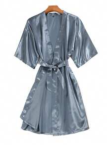 1 szt. Damski, modny, sztuczny jedwabny szlafrok kimono z dekoltem w serek i wiązaniem w talii, krótki rękaw, piżama