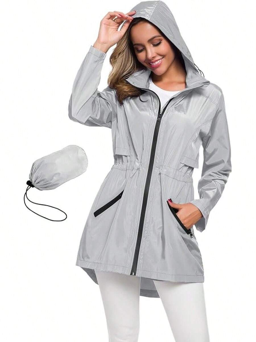 Women's Long Raincoat With Hood Outdoor Lightweight Windbreaker Waterproof - Lgr - Xem 1