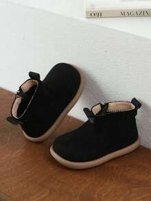 1 Pair Kids' Soft Bottom Anti-Slip Warm Lined Simple Fashion Flat Round Toe Ankle Boots, Suitable For Outdoor Sports, Autumn/Winter - Black - View 8