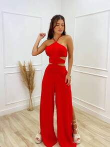 Women's Long Jumpsuit, Loose Viscose Pantaloons, Tie-Up - Đỏ - Xem 3