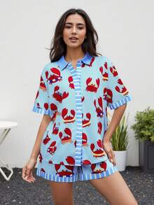 Conjunto de pijama de 2 piezas para mujer con estampado de cangrejo lindo, camisa de manga corta + pantalones cortos de cintura elástica, ropa de estar en casa - Azul - Ver 5