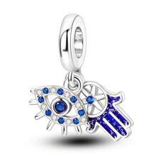 1 Stück Silberfarbener, exquisiter blauer Emaille-Zirkonia, glücklicher Fatima Hamsa Hand, Palme, böser Blick, religiöser Schutzanhänger, passend für original Armband, Halskette, Anhänger, Perlen für DIY Schmuckherstellung, Frauen, Mädchen, Geburtstagsschmuck, Geschenk für Freunde