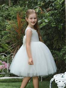 小女孩蝴蝶结深 V 薄纱泡泡袖派对公主裙，适合小女孩生日派对、舞会、选美、花童、伴娘、婚礼、特殊场合 - 白色 - 查看 4