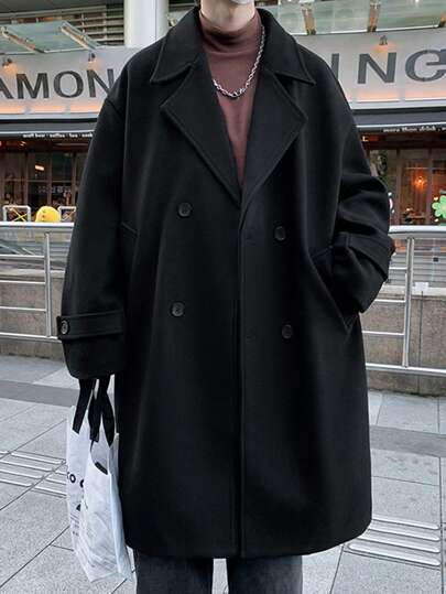 男士长袖双排扣大衣，时尚商务休闲风衣，纯色，适合秋冬季户外休闲穿着