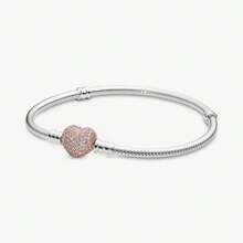 S925 Sterling Silver Cubic Zirconia Paved Heart & Snake Bone Bracelet, Suitable For DIY, Fashionable Jewelry Gift For Women