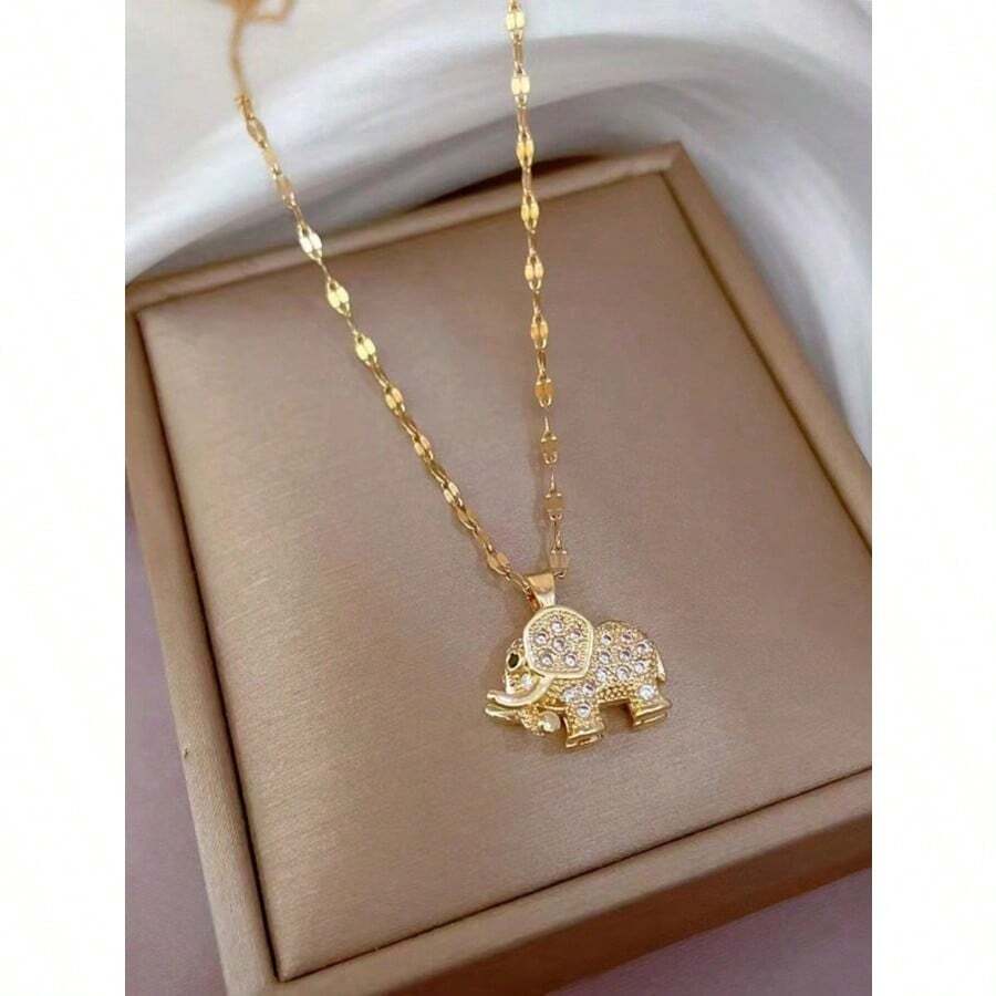 1pc Brass Alloy Cubic Zirconia Elephant Pendant Necklace - Stainless Steel Chain Electroplated 18K Gold Color - Women's Jewelry - Fashionable And Elegant, Suitable For Wife/Lady Gift (No Box) - Vàng - Xem 1